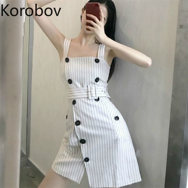 

korobov elegant vintage women striped dress korean spaghetti strap ol double breasted dresses sashes slim high waist vestidos 210430, Black;gray