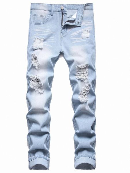 

romwe guys ripped zip fly jeans 35jj#, Blue