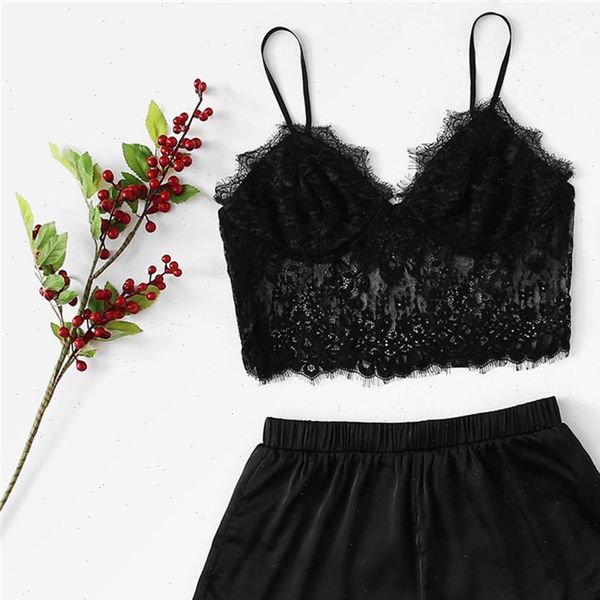 

sleep pajama set silk women sleepwear satin summer pyjama femme fashion black lace pajamas for with chest pad 6.2, Black;red