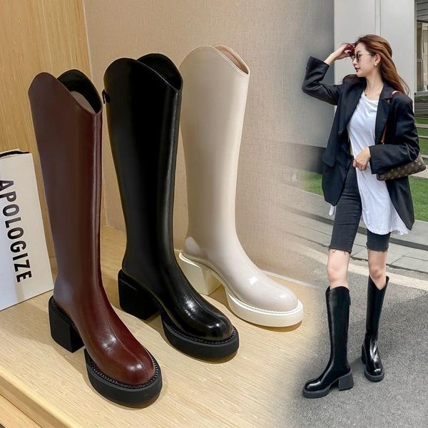 

boots 2021 autumn western knee high women plush warm fur chunky heels punk gothic platform long winter shoes, Black
