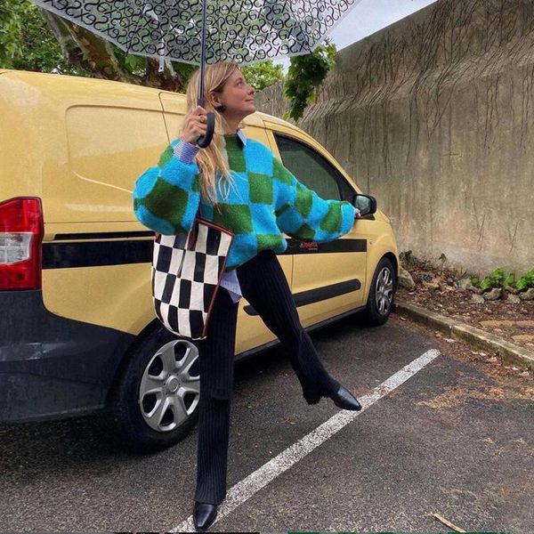 

women's sweaters casual o neck pullovers sweater jumpers women long sleeve oversized loose plaid 2021 autumn y2k winter, White;black