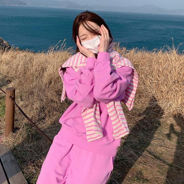 

women's two piece pants women casual hoodies and set sweatshirts female long sleeve o-neck loose fashion korean sets solid chic, White