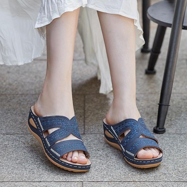 

slippers summer women wedges retro style flower sewing ladies shoes soft comfortable female platform sandals plus size 36-43, Black