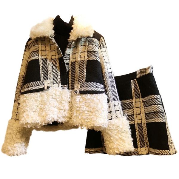 

winter long sleeve jacket coat women outwears plaid tweed skirts suit 2 pieces sets suits plus size l-4xl women's two piece pants, White
