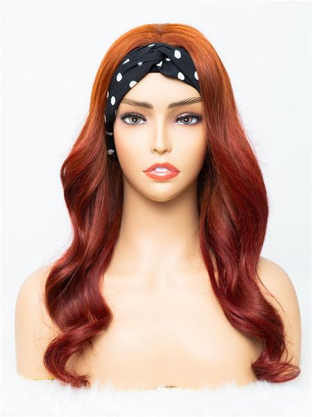 

lace wigs ginger ombre to red wavy 100% human hair headband wig brazilian scarf for women no gel glueless remy 200%, Black;brown