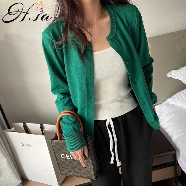 

h.sa autumn green cropped cardigans loose ladies knitted sweaters long sleeve buttons v neck solid female cardigan 210716, White;black