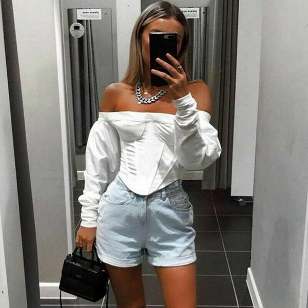 

women's blouses & shirts elegant women off shoulder puff sleeve form fitted wrap sweetheart female long blouse shirt, White