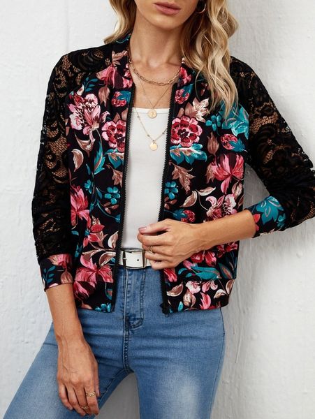 

emery rose floral print guipure lace insert raglan sleeve bomber jacket e63e#, Black;brown