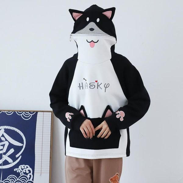 

women's hoodies & sweatshirts puppy embroidery kawaii women 2021 winter long sleeve drawstring harakuju hooded sweatshirt female cute p, Black