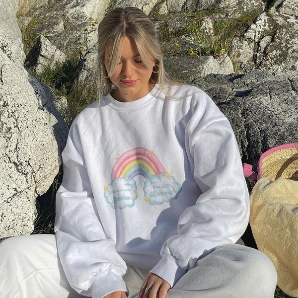 

women's hoodies & sweatshirts street kawaii rainbow print o-neck hooded loose sweatshirt harajuku vintage clothes punk club steetwear p, Black