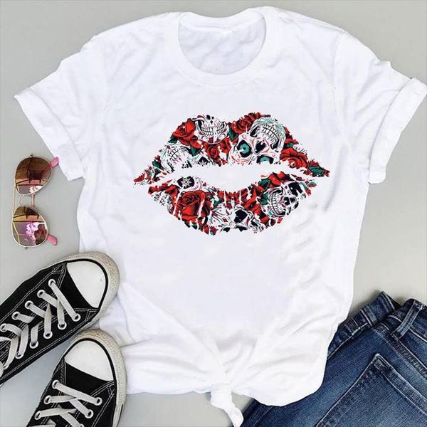 

fashion print graphic floral womens skull funny trend cute summer short sleeve female clothes tees t shirt, White
