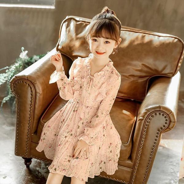 

girls spring summer girl dress long sleeve childrens chiffon fresh cool floral print ruffle pleated with tie outing clothing, Red;yellow
