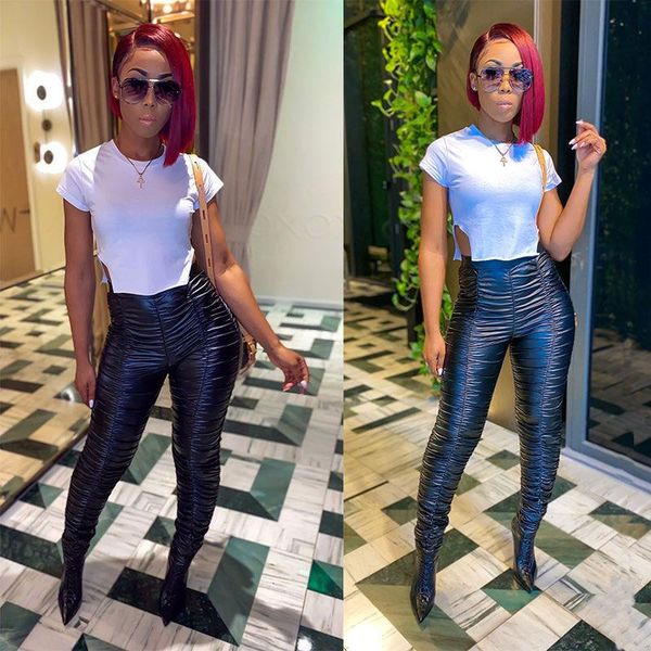 

women's pants & capris haoohu 2021 winter faux leather fashion solid pleated high waist tight slim full pu pencil, Black;white