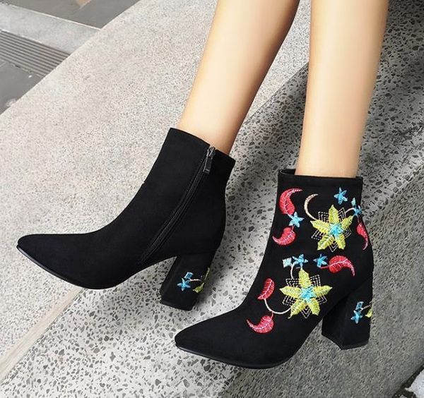 

with box size 33 to 43 quality embroidery floral ankle booties add plush micro suede chunky heel luxury designer women boots, Black