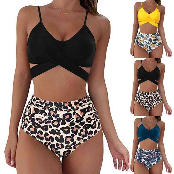

2021 leopard cross high waist swimsuit split two piece bikini swimsuit, White;black