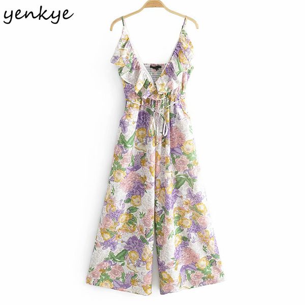 

floral print sling jumpsuit women ruffle v neck sleeveless holiday summer boho jumpsuits long romper monos mujer 210430, Black;white