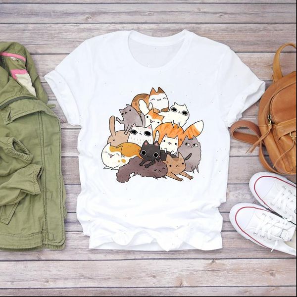 

women cat t shirts cartoon print short sleeve funny fashion clothing summer shirt graphic female ladies womens tee, White