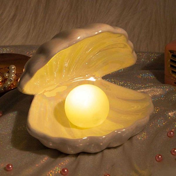Fantasia Lampada a conchiglia in ceramica Perla Decorazione sirena Luce notturna Regalo Decorazione per archiviazione desktop Lampada per San Valentino Y0910