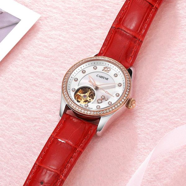 

wristwatches luxury rose automatic mechanical women fashion wristwatch leather band skeleton dress self winding lady watches montre femme, Slivery;brown
