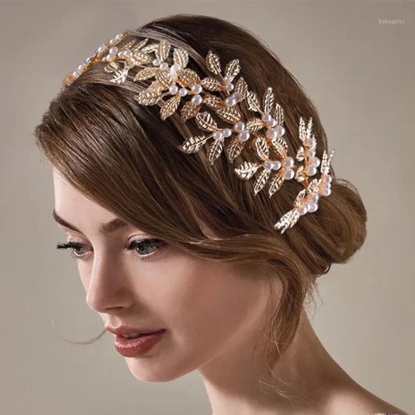 

alloy golden leaves bridal headwear pearl wedding hair vines accessories jewelry schp3531