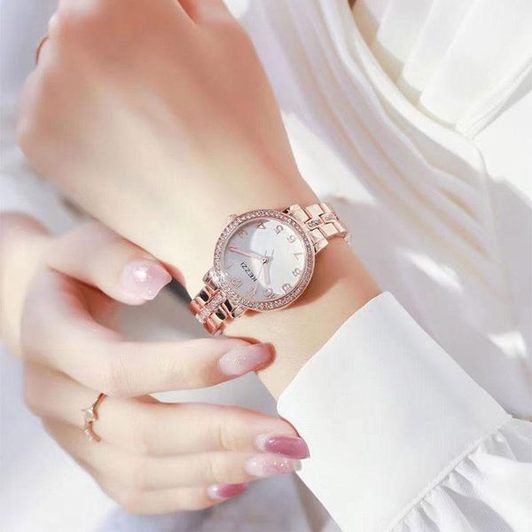 

wristwatches hong kong famous women's watch rose gold inlaid brick steel band case three small pointer digital dial office, Slivery;brown