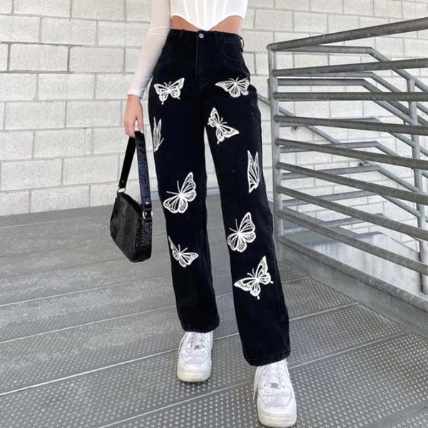 

missme black jeans butterfly print straight wide leg pants loose high waist zipper streetwear women 2021 women's, Blue