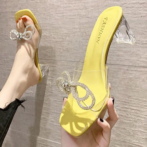 

slippers lucyever crystal bowtie summer slides women fashion transparent square heels woman outdoor med heel casual flip flop esno, Black