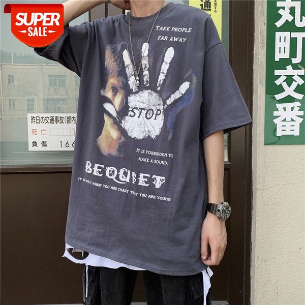 

dark wind spoof portrait palm print short-sleeved t-shirt men's loose round neck five-point sleeve #up15, White;black