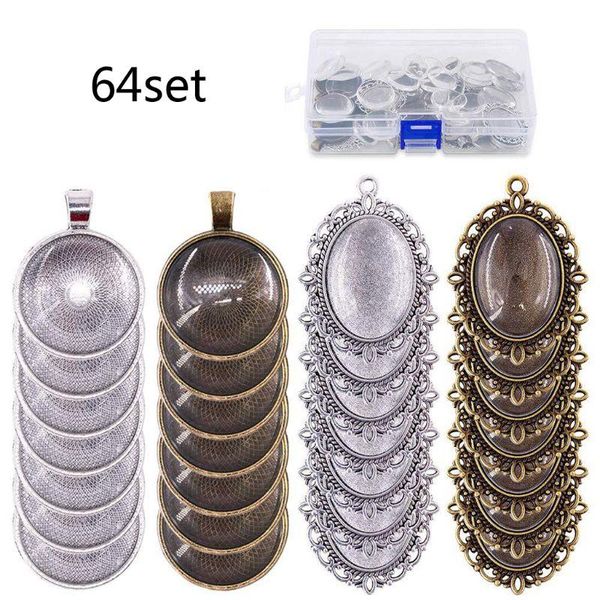 

jewelry pouches, bags 64pc oval round pendant tray bezel with glass cabochon dome tiles making, Pink;blue