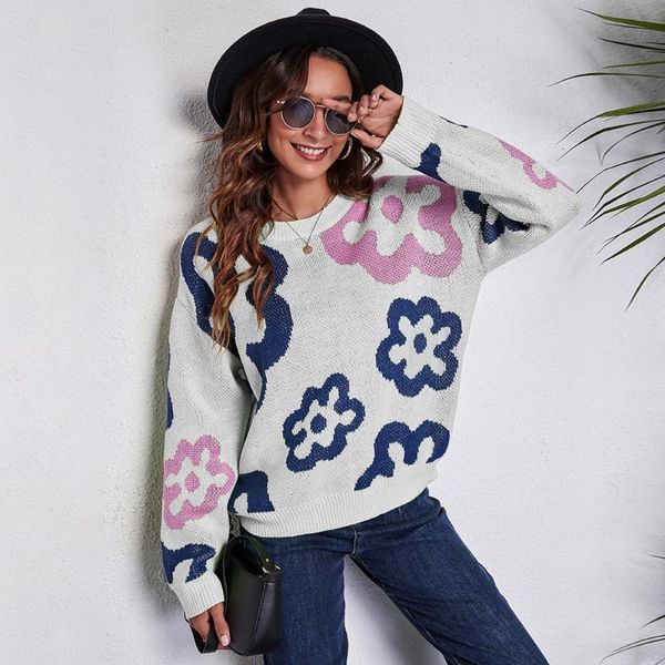 

women's sweaters autumn sweater casual fashion trend commuter style round neck flower printing long-sleeved knitted loose warm top, White;black