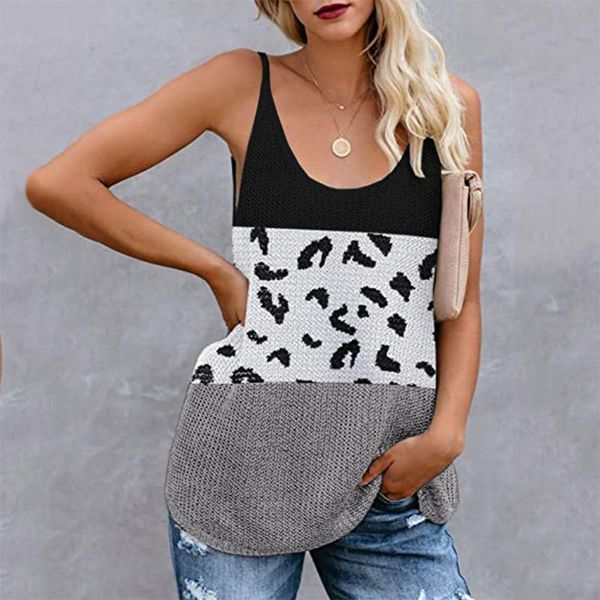 

35#knitted blouse women's low round neck sleeveless shirt color matching loose print pullover women tank clothing tanks & camis, White