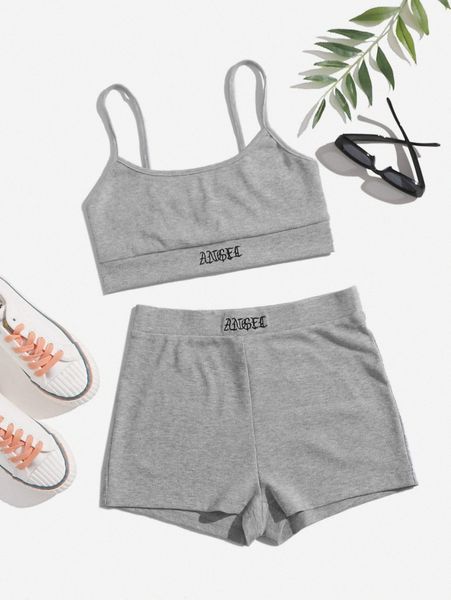 

letter embroidered cami & shorts set u1hz#, White