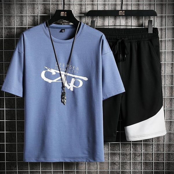 

men's tracksuits casual sets summer tracksuit men print short sleeve t-shirt +shorts breathable set fashion sportswear male 2 piece, Gray