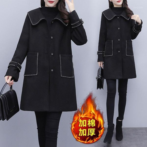

women's wool & blends korean version of the large size women sailor collar high-end figure flattering elegant woolen coat-music tide, Black