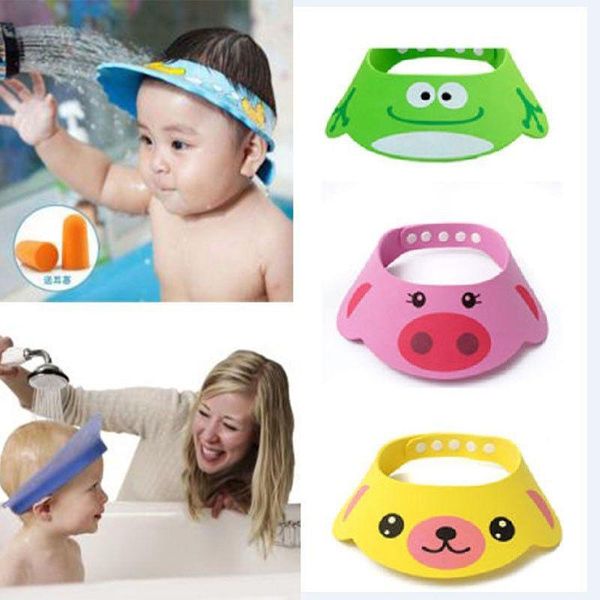 

wide brim hats 3pc/set kids baby shampoo cap cartoon bathing shower wash hair shield soft security product waterproof ear protection, Blue;gray