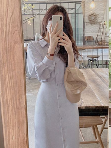 

2021shirt dress women spring long lantern sleeve turn-down collar bandage waist business wear office lady elegant dress, Black;gray