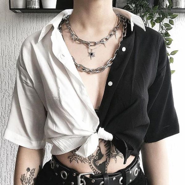

women's t-shirt summer crop women casual black white patchwork t shirt streetwear office ladies tee lapel short cardigan ropa mujer
