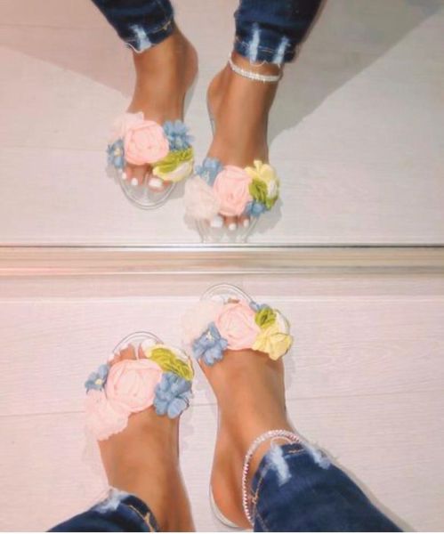 

transparent flowers slides women slippers sandals summer flats outside woman beach shoes casual home, Black