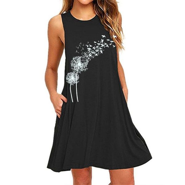 

casual dresses fantasy dandelion pattern women's plus size sleeveless floral midi dress beach loose sundress, Black;gray