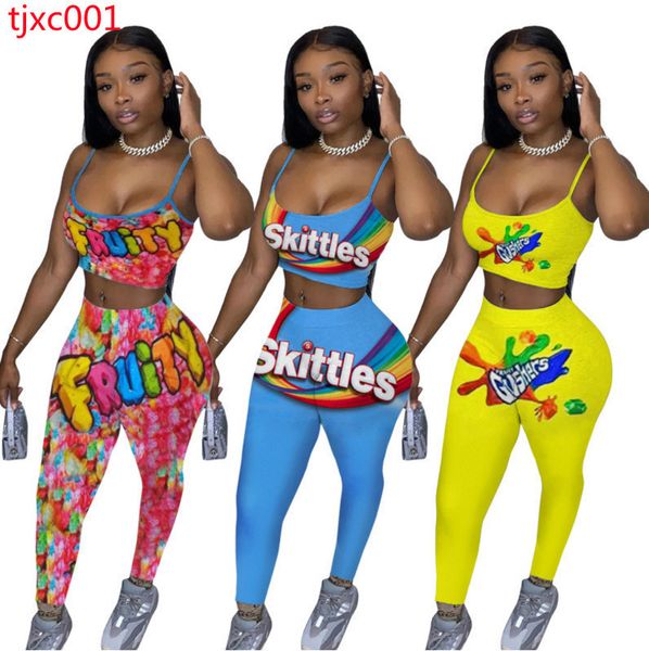 

women fitness tracksuits 2 piece set fashion print sling vest pencil yoga pants outfits ladies casual jogging suits, White;red