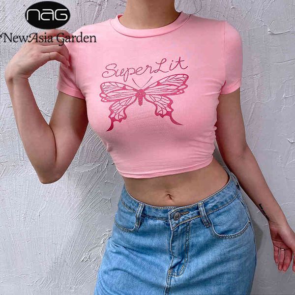 

newasia butterfly print cotton t shirt women short sleeve short t shirts pink cropped streetwear casual summer shirt clubwear 210413, White