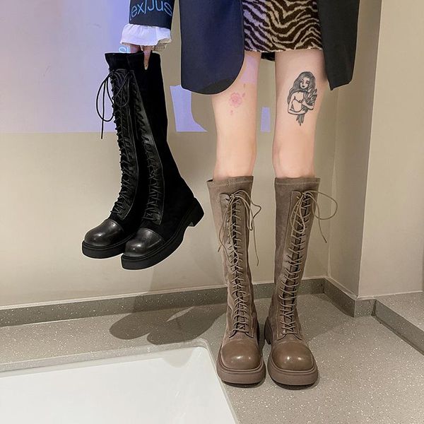 

boots lady shoes winter footwear thigh high heels lace up boots-women med rubber rock 2021 over-the-knee autumn s, Black
