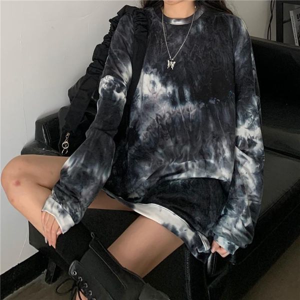 

women's t-shirt women long sleeve o-neck tie dye print t shirt casual loose streetwear clothes plus size womens tee tshirt, White