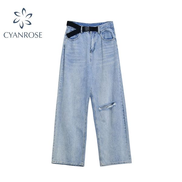 

high waist ripped jeans women's streetwear with belt autumn winter fashion vintage denim pants loose wide leg jeans women 210417, Blue