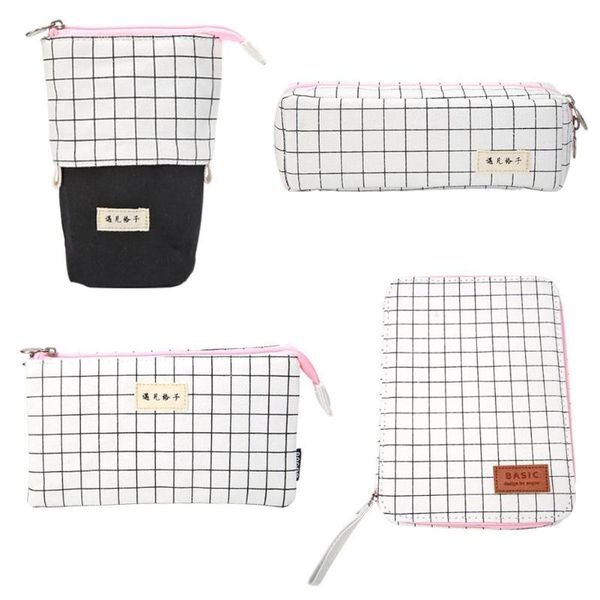 

pencil bags simple lattice cotton large capacity cosmetic canvas school stationery box side interlayer humanized intimate design