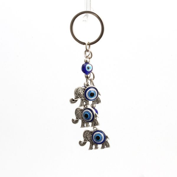 

three lucky elephant blue evil eye beads keychain antique silver plated zinc alloy keyring