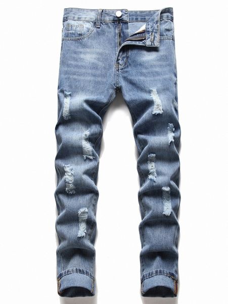 

men zipper fly ripped jeans 500d#, Blue