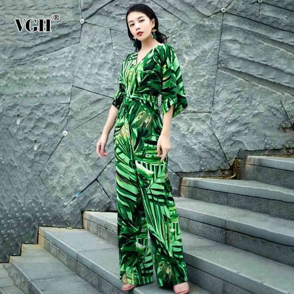 

vgh bohemian print jumpsuit for women v neck half sleeve high waist full length wide leg pants casual jumpsuits female tide 210421, Black;white