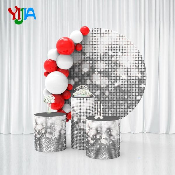 

party decoration portable stretch fabric aluminium circle frame round display backdrop wall stand with plinth cylinder cover table for