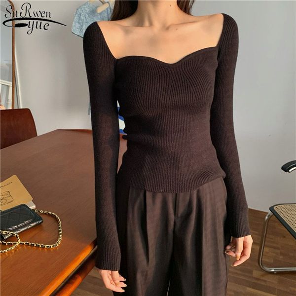 

french style retro square neck long sleeve knit female ribbed slim fit stretch inter clothes women 12815 210417, White;black